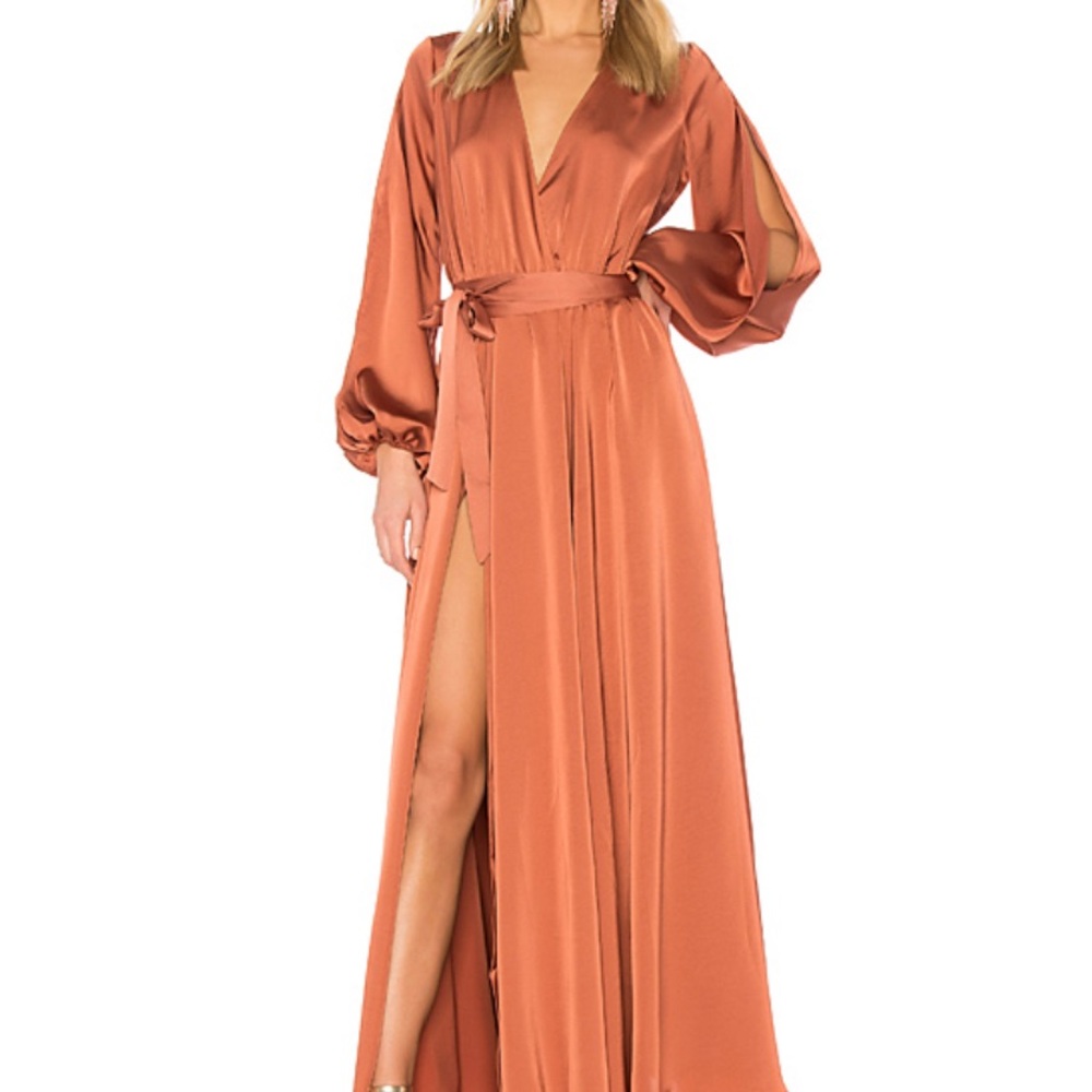 Michael Costello x Revolve Eric Gown in Dusty Coral Peach Bronze Satin High Slit - Picture 2 of 7